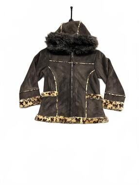 Big Chill Faux Suede and Faux Fur Hooded Coat with Leopard Print Trim Girls Sz L